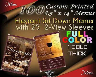 100 Custom Print Sit Down Menu 8.5  X 14  Full Color 2 Sided W/25 Elegant Sleeve • $319.71