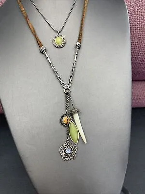 Vintage Layered Cluster Pendant MOP Horn Rhinestone Pendant￼ Leather 22” Boho • $16.58