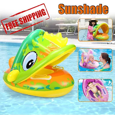 Baby Swimming Ring With Sunshade Inflatable Toddler Kids Swim Pool Infant Float • £7.92