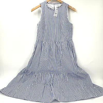 J Crew Dress Midi Striped Tiered Sleeveless Lined Pockets Blue White Size 0 NEW • $40.49