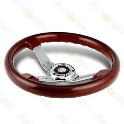 Universal 14  Class Dark Wood Grip 6-hole Chrome 3-spoke Steering Wheel 350mm • $59.24