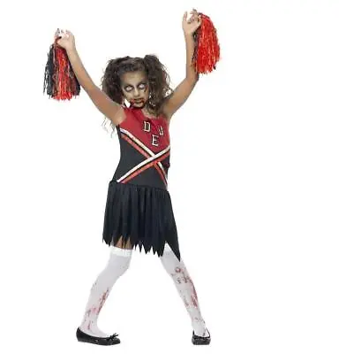 Child Girls Zombie Cheerleader Black & Red Halloween Fancy Dress Costume • £9.10