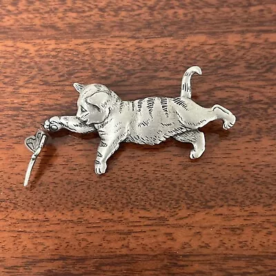 $11 • Buy JJ Brooch Cat W/ Butterfly Spring Silver Tone Vintage Estate Jewelry