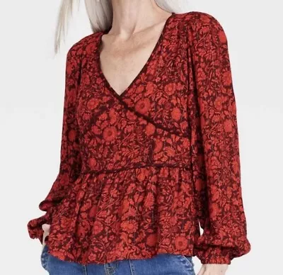 Knox Rose Top XL Red Floral Print Metallic Long Sleeve Shirt • $19.99