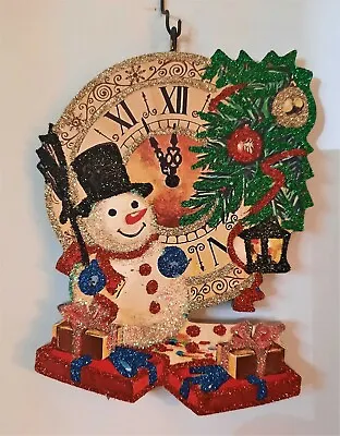 SNOWMAN WRAPPED GIFTS LARGE CLOCK * Glitter CHRISTMAS ORNAMENT * Vtg Img • $10.50