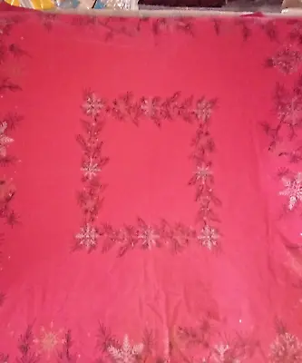 Vintage Red Tablecloth Silver Snow Flakes 50 X 44   Christmas Winter • $11.99