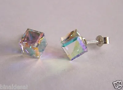 £11.20 • Buy 925 Sterling Silver Large Studs Earrings AB Clear Swarovski Element Crystal CUBE