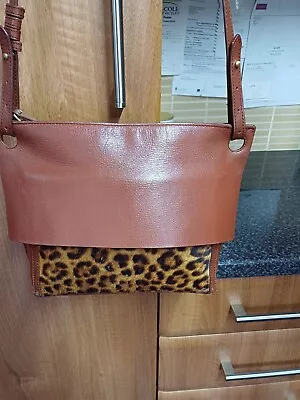 M&s Autograph Ladies Tan Mix Leather Crossbody Bag With Faux Fur Leopard Skin Fr • £7.99