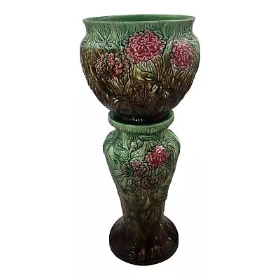 Weller Blended Majolica C1900s Art Pottery Chrysanthemum Jardiniere And Pedestal • $725.35