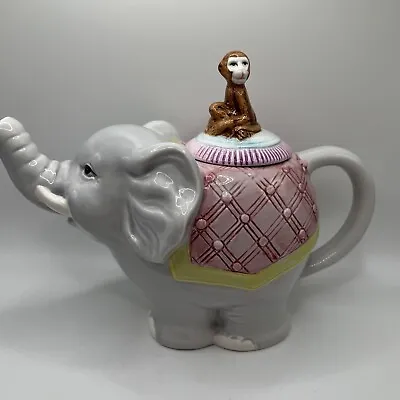 Vintage Glazed Ceramic Elephant With Monkey Teapot Gray Pink Yellow Blue Purple • $12.95