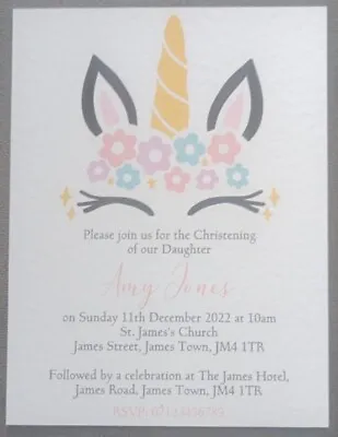 £7.50 • Buy Personalized Unicorn Christening Or Birthday Invite A6 Pack Of 10
