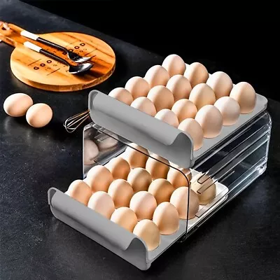 Double-Layered Fridge Egg Holder Bin Egg Storage Box ​Drawer Type 32 Grid Rack • £8.45