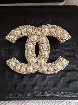 BNIB Chanel CC Brooch With Faux Pearls Gold Tone W/ Crystals • $850