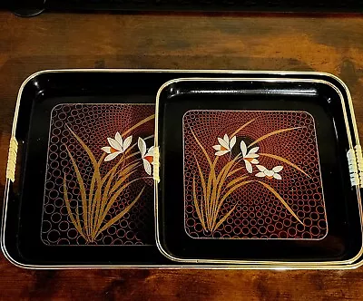 Vintage MCM Japan 2pc Glossy Black Lacquer Ware Nesting Trays Gold Red Floral • $8.25