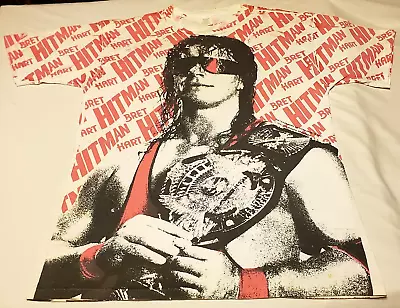 BRET HITMAN HART (Vtg 1993 USA) WWF Wrestling AOP Pink All Over Print XL T-SHIRT • $299.99