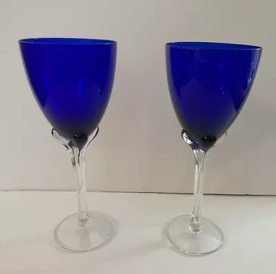 2 Murano Hand Blown Art Glass Cobalt Blue Wine Goblets 9.75”H • $45