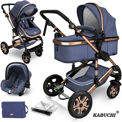 KABUCHI® Baby Pram 3 In 1 Travel System With Carseat Mum Bag Rain Cover Foot Muf • £199.99