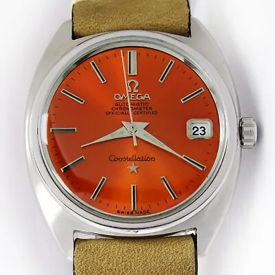 1969 Omega Constellation Automatic Date Sunburst Orange Steel Mens Vintage Watch • $1599