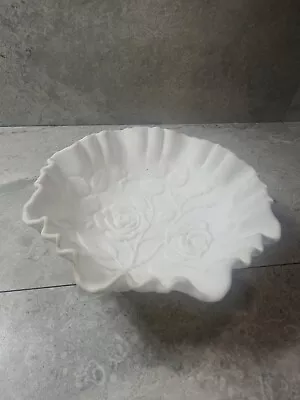  8 1/2  Imperial Milk Glass Satin Embossed Rose Design Ruffled Edge Bowl • $19