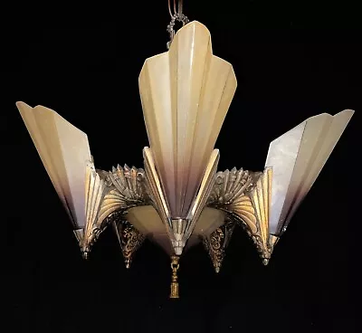 Midwest Antique Vintage Slip Shade Chandelier Solid Bronze 5 Light Art Deco • $1000