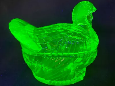 Green Vaseline Uranium Glass Hen Turkey On Nest Basket Covered Butter Dish Glows • $29