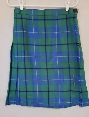 Vtg Highland Kilts Scotland Plaid Kilt Fringe Wool Green/Blue Skirt Sz 14 (H3) • $44.99