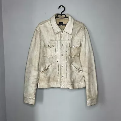 Versace Jeans Couture Mens Vintage White Painted Leather Trucker Jacket Size XL • $220