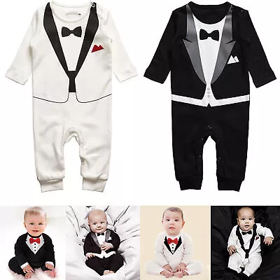 Baby Boys Bowtie Gentleman Romper Jumpsuit Tuxedo Bodysuit Formal Outfit Set • £10.57