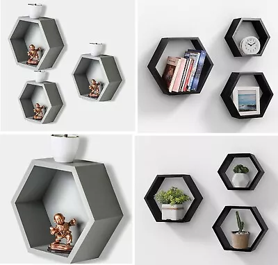 Set Of 3 Hexagon Floating Shelf Wall Mounted Honeycomb Storage Shelve Decorative • £19.95