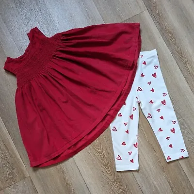 Baby Girls Age 9-12 Months Red Corduroy Dress Plus Heart Leggings • £3.75