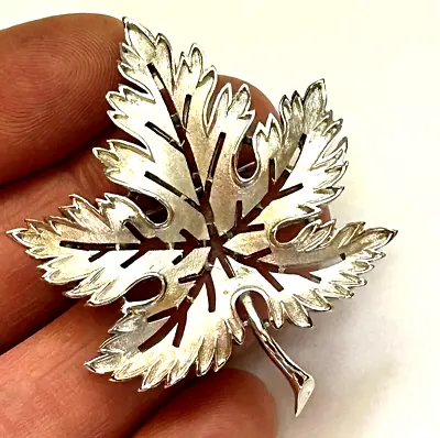 Vintage Crown Trifari Textured Maple Leaf Brooch Pin Silver Tone • $9.99