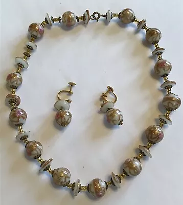 Vintage Art Deco Venetian White Wedding Cake Glass Bead Necklace And Earrings • $135