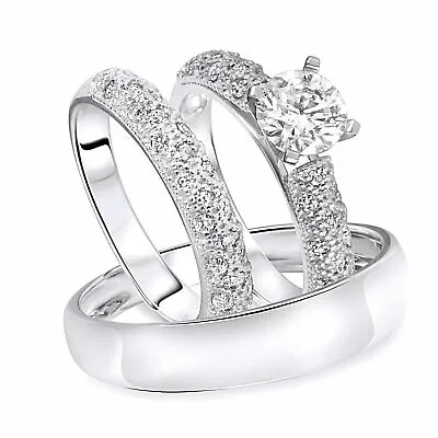 1 1/2 Ct Round Diamond Trio Wedding Ring Set W/ Matching Band 10K White Gold • $3172.49