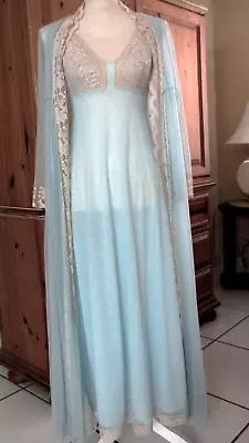 Vintage Petite  Light Blue Nylon Peignoir Gown  & Robe Lace Accent Set • $69.99