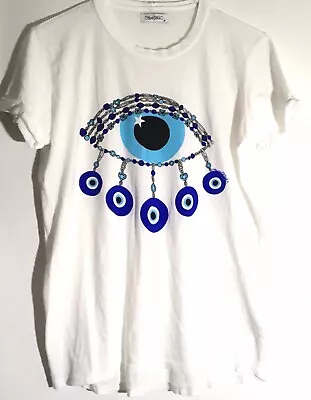 $45 • Buy Lauren Moshi Edda Chain Evil Eye Women's Size Medium White Cotton T-Shirt USA