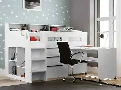 White Mid Sleeper Cabin Bed With Drawers Shelves Desk On Right 3ft Single Wooden • £379.95