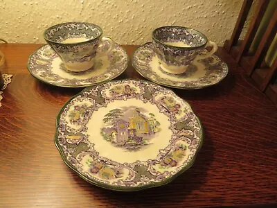 Petrus Regout: Maastricht Holland 2 Cups 3 Saucers Abbey Pattern Rare Color • $20