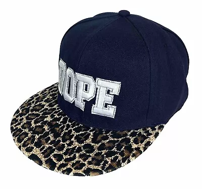 “Dope” Flat Bill Ball Cap Snap Back Adjustable Navy Blue & Leopard Print Visor • $14.95