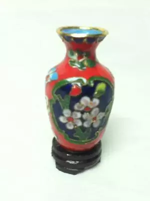 Vintage Beautiful 3.5in H X 2in D Red Floral Cloissone’ Style Vase With Stand • $14.95