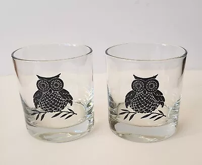 2 Vintage MCM West Virginia Black Embossed Owl Rocks Cocktail Bar Rocks Glasses  • $18.99