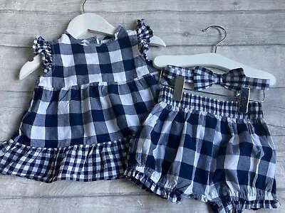 New For January 🍄 2pc Check Outfit Inc Bow Headband Baby Girls 3-6 Months • £3.99