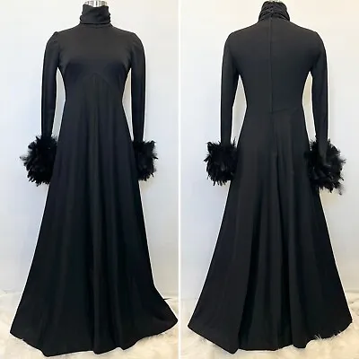 Vintage Joseph Magnin Black Marabou Ostrich Cuffs 70s Maxi Gown Evening Dress • $375