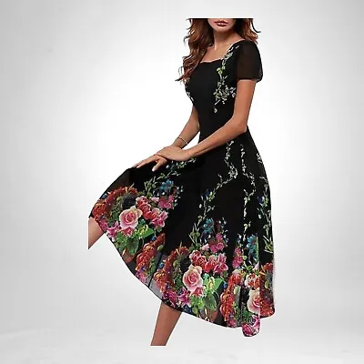Floryday Dress Black Floral Chiffon Occasion Multilayered Women's UK Size S • £32.95