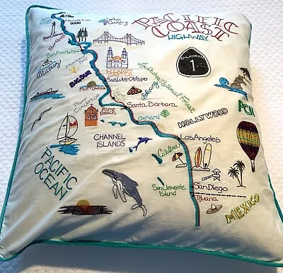 Large Throw Pillow Pacific Coast Highway 1 Embroidered W Cities Turquoise Piping • $18