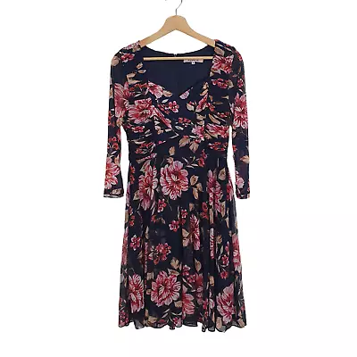 Review Size 10 Navy Pink Floral Mesh 3/4 Sleeve Ruched Bodice Fit Flare Dress • $39.95