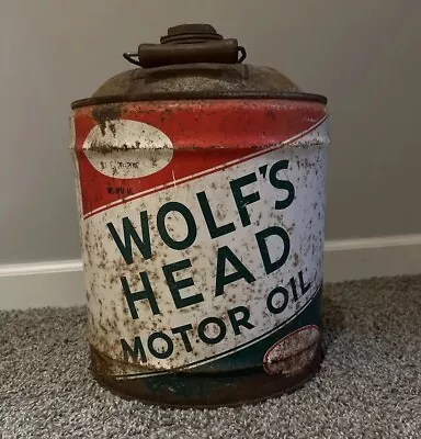 Vintage Wolf's Head 5 Gallon Motor Oil Can With Handle  Finest Of The Fine  Jug  • $45