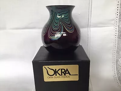 Lovely Okra Glass Vase - Pulled Feather Design -boxed • £39