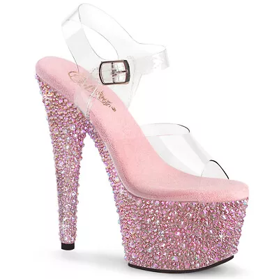 7  Clear Pink Rhinestones Platform Stripper High Heels Burlesque Dancer Shoes • $137.95