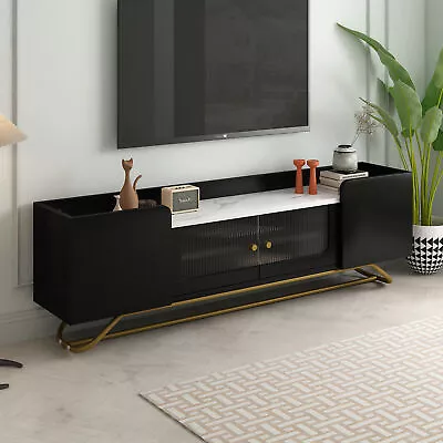 Modern TV Stand Fluted Glass Entertainment Faux Marble Console Table Black • $198.39