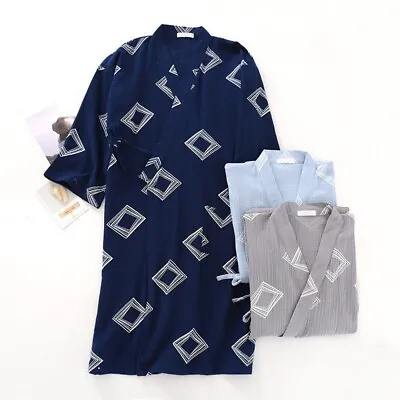 Men Japanese Cotton Kimono Yukata Bathrobe Pajamas Graphic Nightie Sleepwear • £28.79